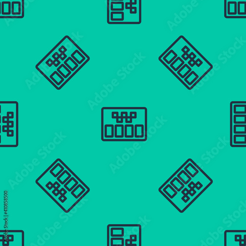 Blue line Taximeter device icon isolated seamless pattern on green background. Measurement appliance for passenger fare in taxi car. Vector.