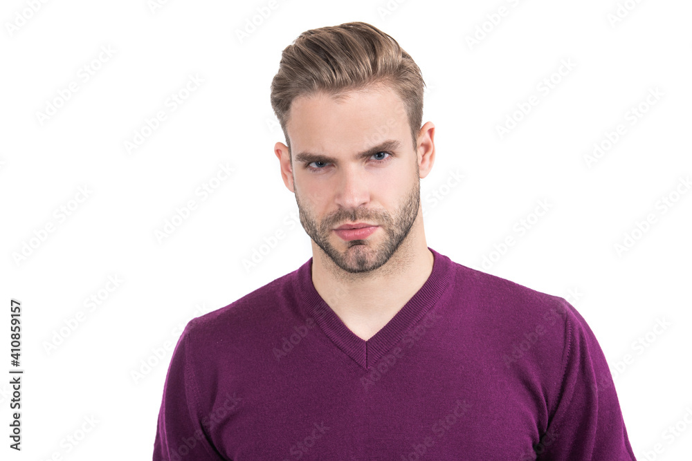 Take control of your face. Unshaven man isolated on white. Mens skin care. Male skin cosmetics Take control of your face. Unshaven man isolated on white. Mens skin care. Male skin cosmetics