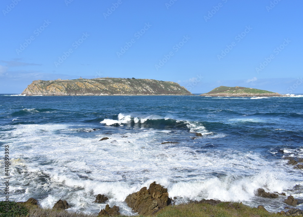 Islas Sisargas or Sisargas Atlantic Islands located in Costa da Morte Region. View from Camiño dos Faros. Malpica de Bergantiños, Coruña, Galicia, Spain.