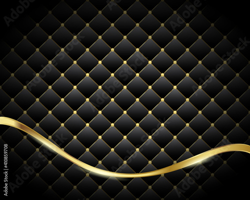 Vector Abstract black diamond shape upholstery luxury background with buttons & golden border with golden ribbon