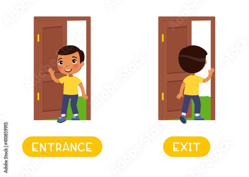 Entrance and exit word card, Opposites concept. Flashcard for English language learning. Little dark skin boy walks in an open door, child walks out into the yard.