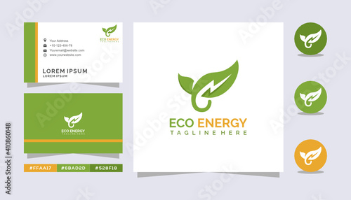 Modern clean and elegant Eco Energy logo design simple modern and minimalist lighting and leaf combination with creative double sided business card professional design for branding