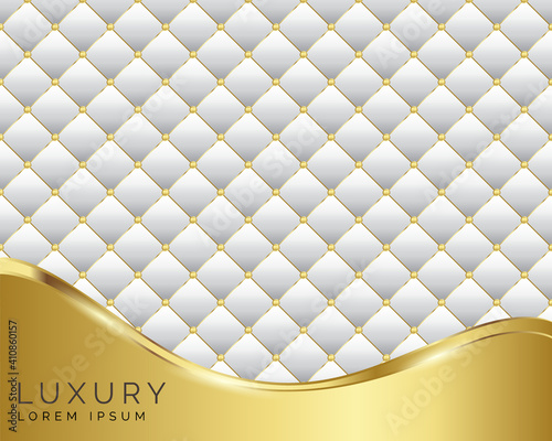 Vector Abstract White diamond shape upholstery luxury background with golden buttons border & golden ribbon & strip
