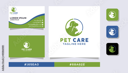 Modern Simple Minimalist Pet Care Logo design with creative double sided business card minimalist, clean and elegant design branding, green and blue 