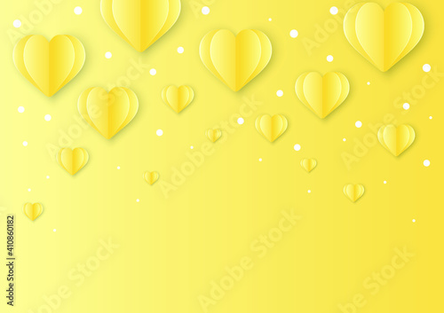Sweet Love Valentine's day concept greeting card abstract background. Vector illustration. 3d yellow hearts falling with white dot snow on pastel yellow background 