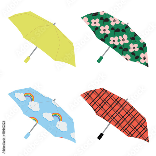 Vector classic umbrellas in different colors. Group of objects isolated on white background. Rain protection accessories.
