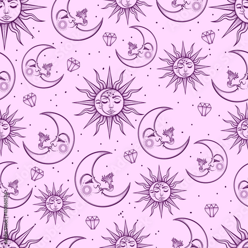 A vintage seamless pattern that consists of pictures of the sun, the moon and stars. Can be used for fabric design, paper design, background. Vector Isolated.