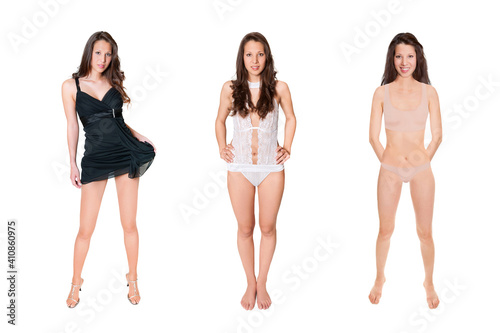 Three full length portraits of an attractive young woman wearing an elegant black dress, sexy lingerie and swimwear, isolated in front of white studio background