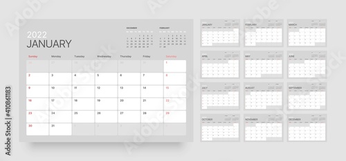 Monthly calendar template for 2022 year. Week Starts on Sunday. Wall calendar in a minimalist style.