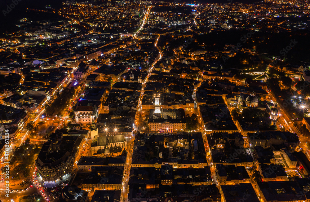 Aerial view on Lviv, Ukraine at night from drone