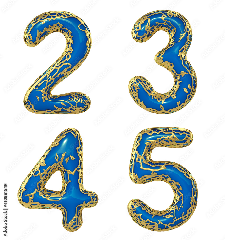 Obraz premium Number set 2, 3, 4, 5 made of realistic 3d render golden shining metallic. Collection of gold shining metallic with blue color plastic symbol