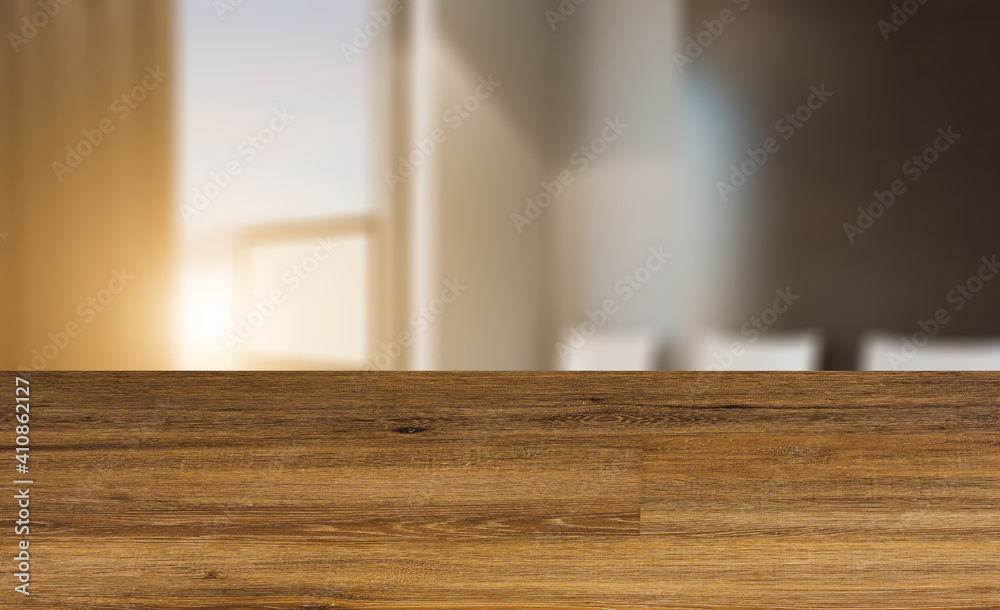 Background with empty wooden table. Flooring. Modern meeting room. 3D rendering.. Sunset. Background with empty wooden table. Flooring. Modern meeting room. 3D rendering.. Sunset.