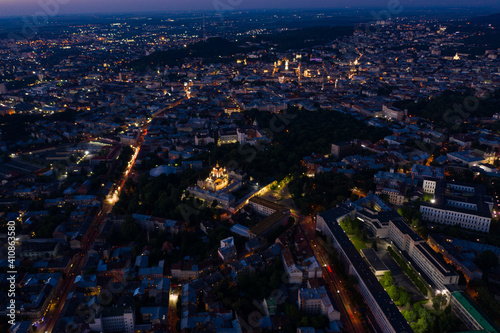 Aerial view on St. George's Cathedral in Lviv, Ukraine from drone at night
