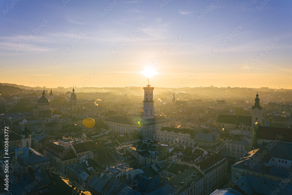 Aerial view on City Hall and Latin Cathedral in Lviv, Ukraine from drone