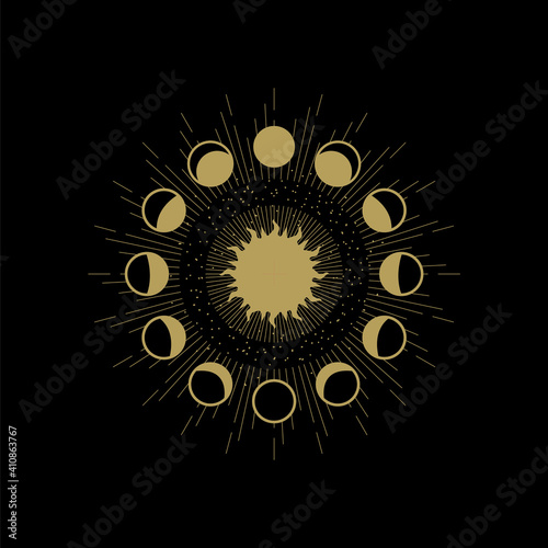Sun and moon phases decorated with orbits of stars or planets. Abstract engraving illustration with esoteric, boho, spiritual, geometric, astrology, magic themes, for tarot reader, card or posters