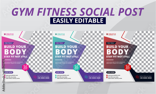 Creative fitness gym social media post editable vector templates for workout studio & club promo kit design. Premium geometric bodybuilding, sports & yoga social media post square layouts banner.