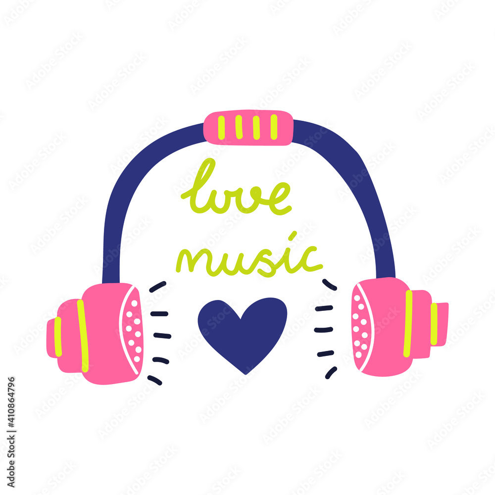 Hand drawn headphones with little heart and text, love music. Flat illustration. Hand drawn headphones with little heart and text, love music. Flat illustration.