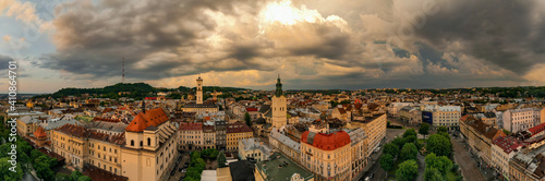 Aerial view on Jesuit Church, City Hall and Latin Cathedral in Lviv, Ukraine from drone