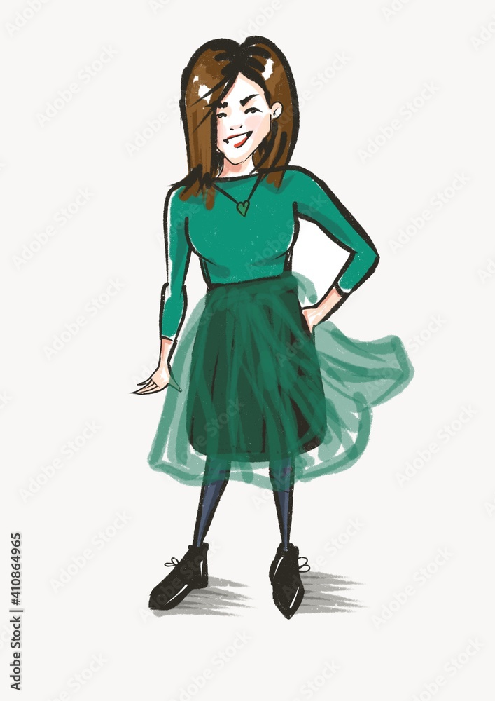 hand drawn illustration of young pretty woman in green dress standing and smiling isolated on white hand drawn illustration of young pretty woman in green dress standing and smiling isolated on white