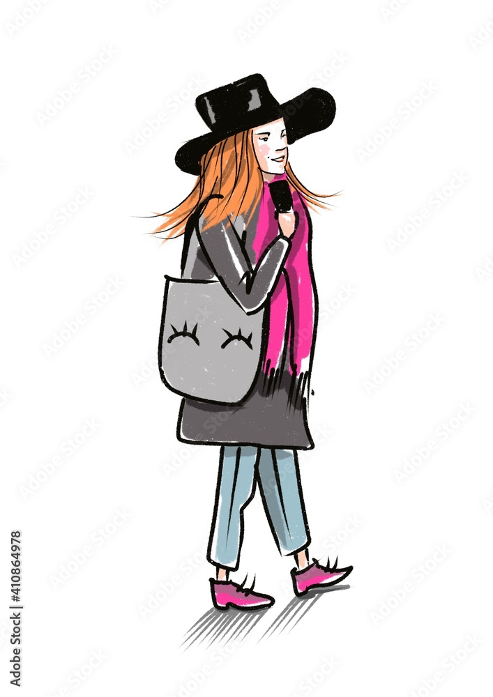 hand drawn illustration of young stylish pretty woman in black hat standing isolated on white hand drawn illustration of young stylish pretty woman in black hat standing isolated on white