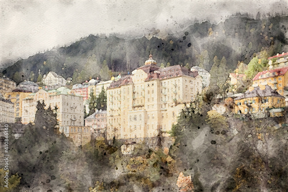 Townscape of Bad Gastein, Salzburg State, Austria. Belle Époque spa town and ski resort in the Hohe Tauern mountain range of the Austrian Alps. Watercolor Illustration.