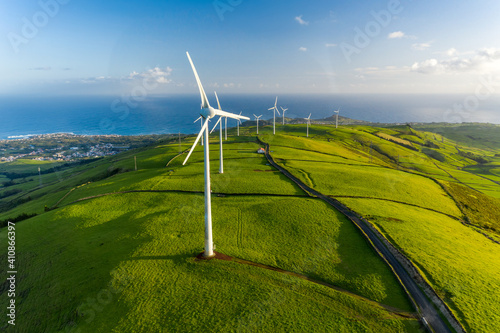 Aerial view of the wind turbine on the beautiful Terceira Island of Azores archipelagos, Portugal. photo