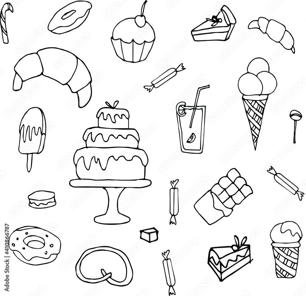 Set of doodles hand drawn simple sweets and candies sketches. Vector ...