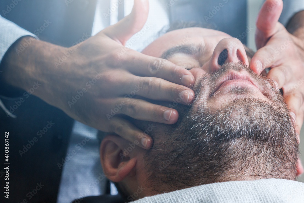 Naklejka premium Barbershop salon hairdresser beard barber, customer.