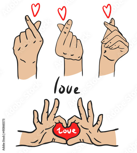 Korean heart sign. Finger love symbol. Happy Valentines Day. I love you hand gesture. Vector illustration. Self love. Korean heart design for print greeting cards  banner  poster