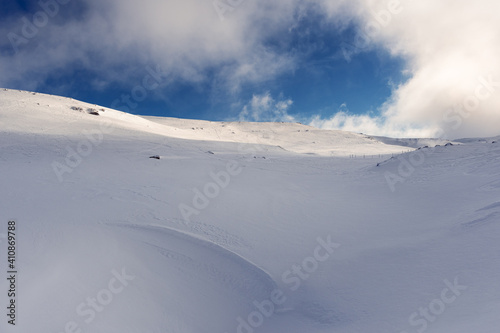 French winter landscapes. Panoramic view of mountain peaks and canyons. Vercors Regional Natural Park.