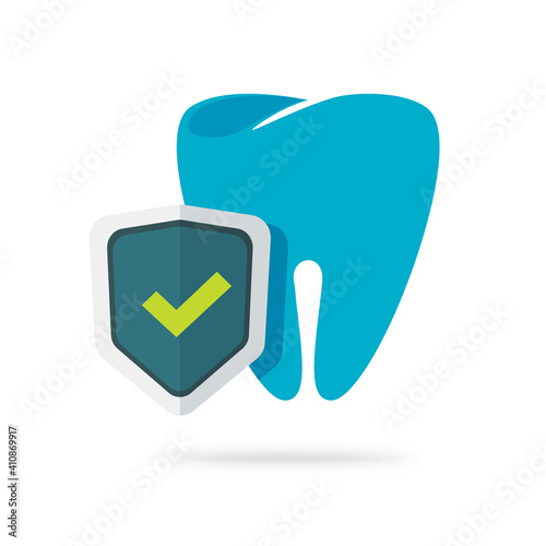 Dental health protection icon vector flat cartoon illustration, tooth defense guard via shield symbol, concept of stomatology dentistry, anti caries safeguard label