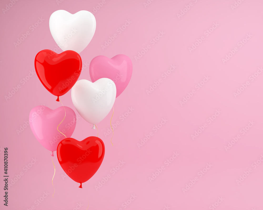 Heart shaped balloons on a pink background. Festive background. 3D illustration.