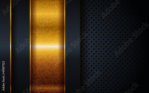 Abstract elegant dark blue navy combination with golden lines background . Luxury black paper overlapping on premium gold combine concept design . Vector Illustration