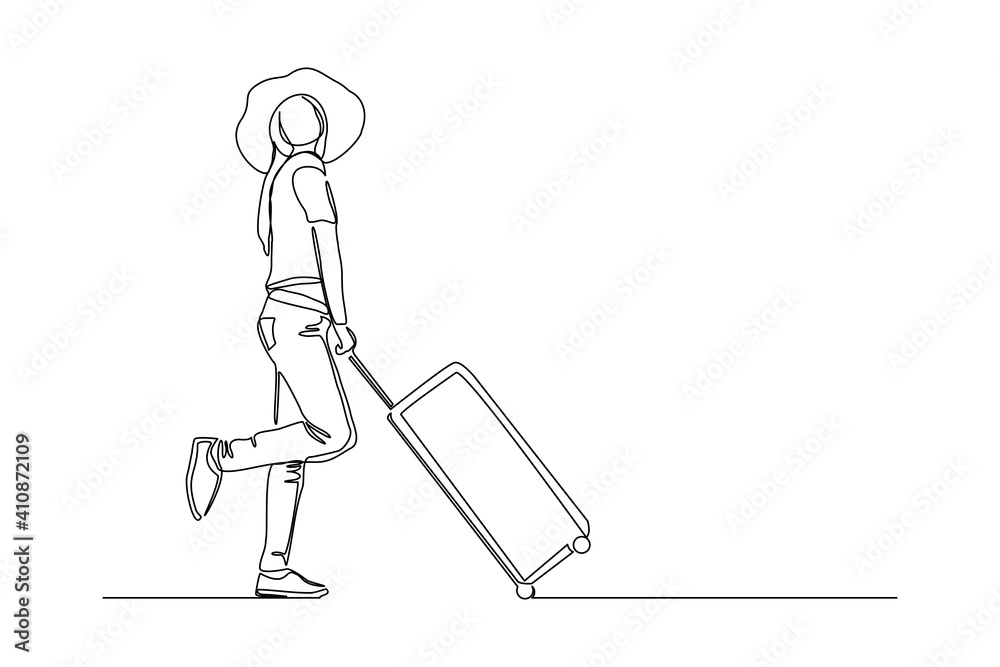 Continuous line drawing of traveler woman with luggage. Single one line art concept of tourist walking with suitcase. Vector illustration