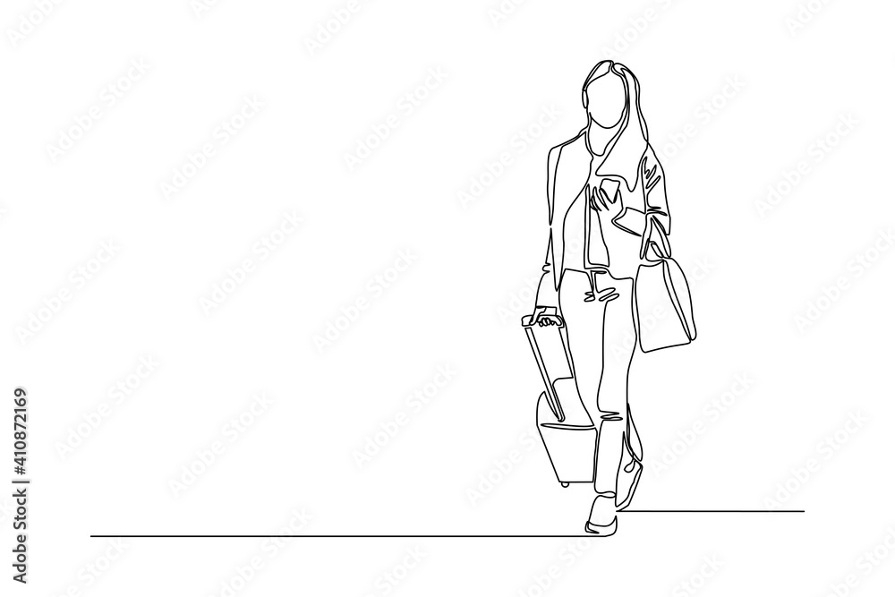 Continuous line drawing of traveler woman with luggage. Single one line art concept of tourist walking with suitcase. Vector illustration Continuous line drawing of traveler woman with luggage. Single one line art concept of tourist walking with suitcase. Vector illustration