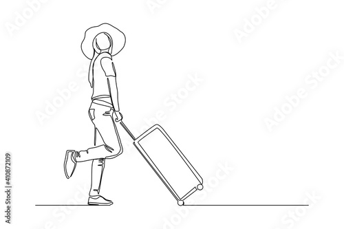 Continuous line drawing of traveler woman with luggage. Single one line art concept of tourist walking with suitcase. Vector illustration