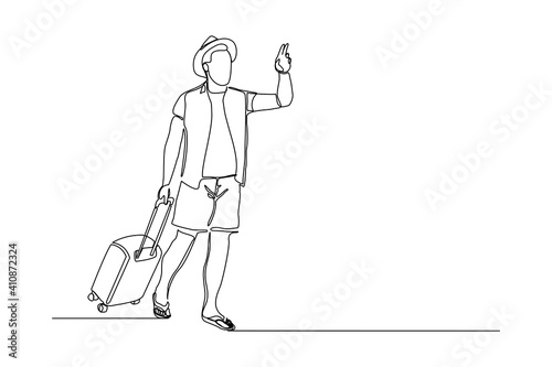 Continuous line drawing of traveler man with luggage. Single one line art concept of tourist walking with suitcase. Vector illustration