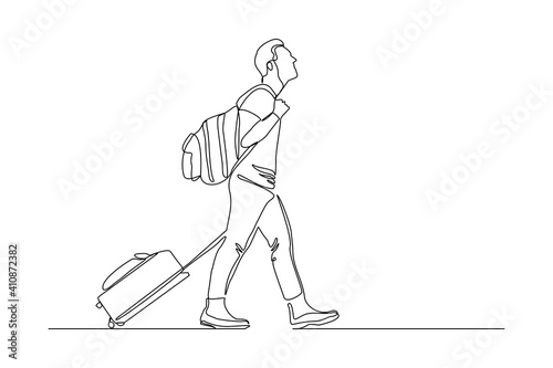 Continuous line drawing of traveler man with luggage. Single one line art concept of tourist walking with suitcase. Vector illustration