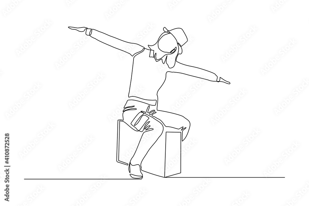 Obraz premium Continuous line drawing of traveler woman sitting with luggage. Single one line art concept of tourist walking with suitcase. Vector illustration
