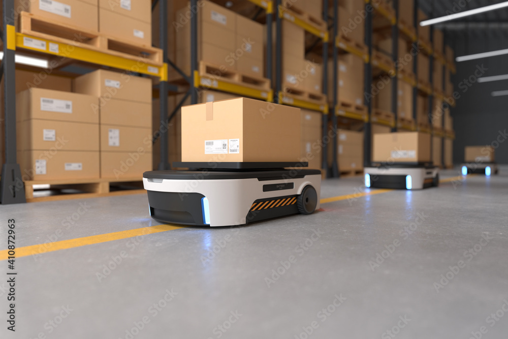 Autonomous Robot transportation in warehouses, Warehouse automation concept. Autonomous Robot transportation in warehouses, Warehouse automation concept.