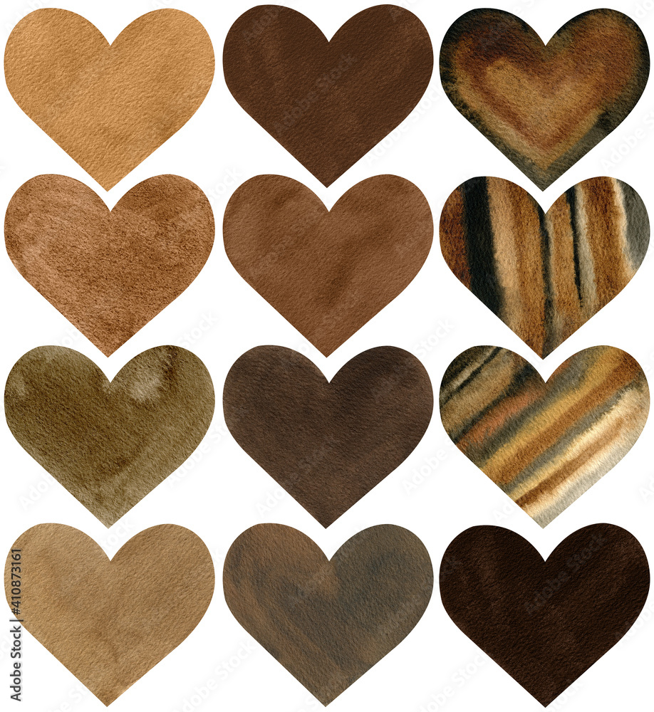 Watercolor set of brown hearts. Black lives matter. Valentine's Day decoration. Nude and neutral colors.