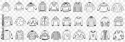 Various warm knitted sweaters doodle set. Collection of hand drawn stylish elegant jackets sweaters cardigans with different patterns for cold weather isolated on transparent background