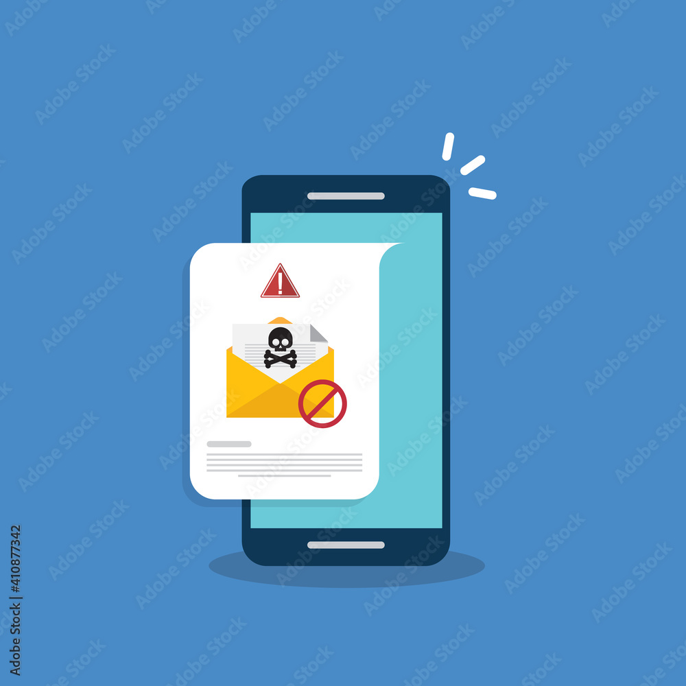 Email / envelope with black document and skull icon notification on a smart phone. Virus, malware, email fraud, e-mail spam, phishing scam, hacker attack concept. Vector illustration Email / envelope with black document and skull icon notification on a smart phone. Virus, malware, email fraud, e-mail spam, phishing scam, hacker attack concept. Vector illustration