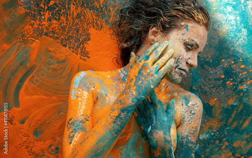 especially amazing portrait in profile of a sexy young brunette woman, dots of white, blue and orange color, decorative, creative abstract body painting art, make up, copy space.