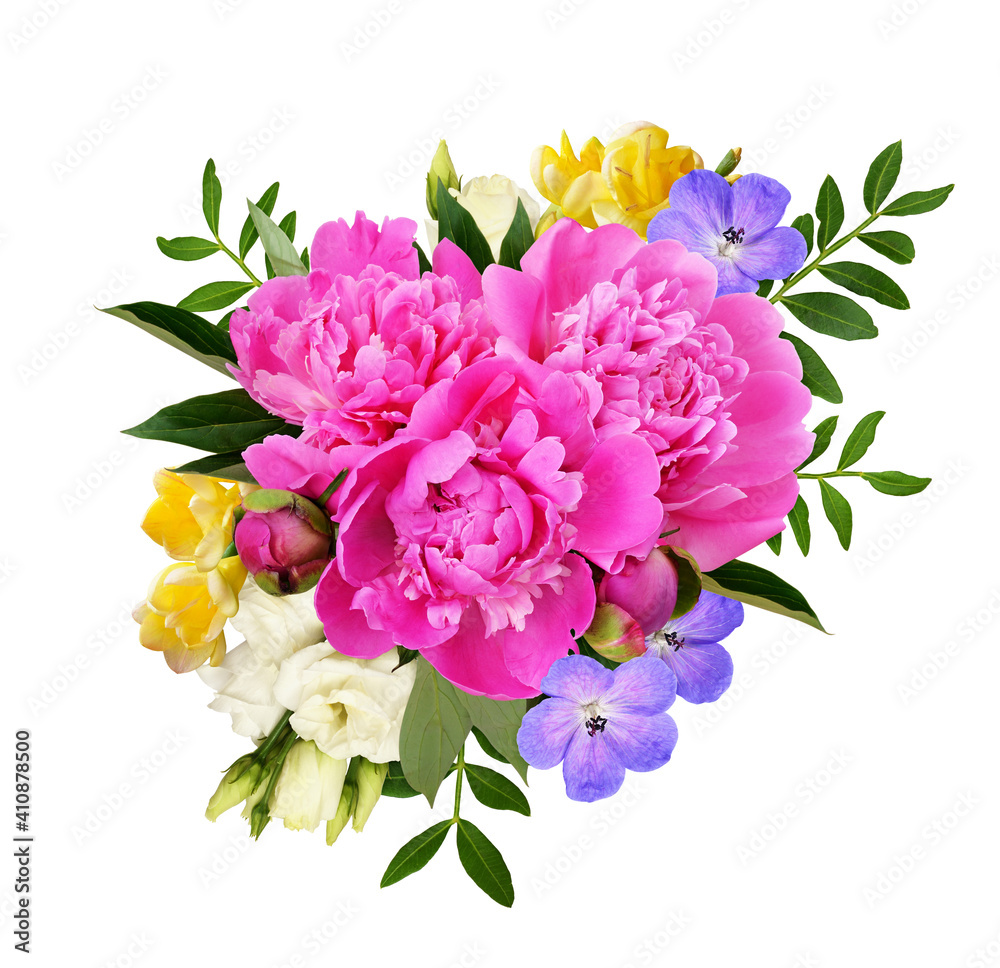 Fototapeta premium Bouquet of pink peonies and colorful flowers