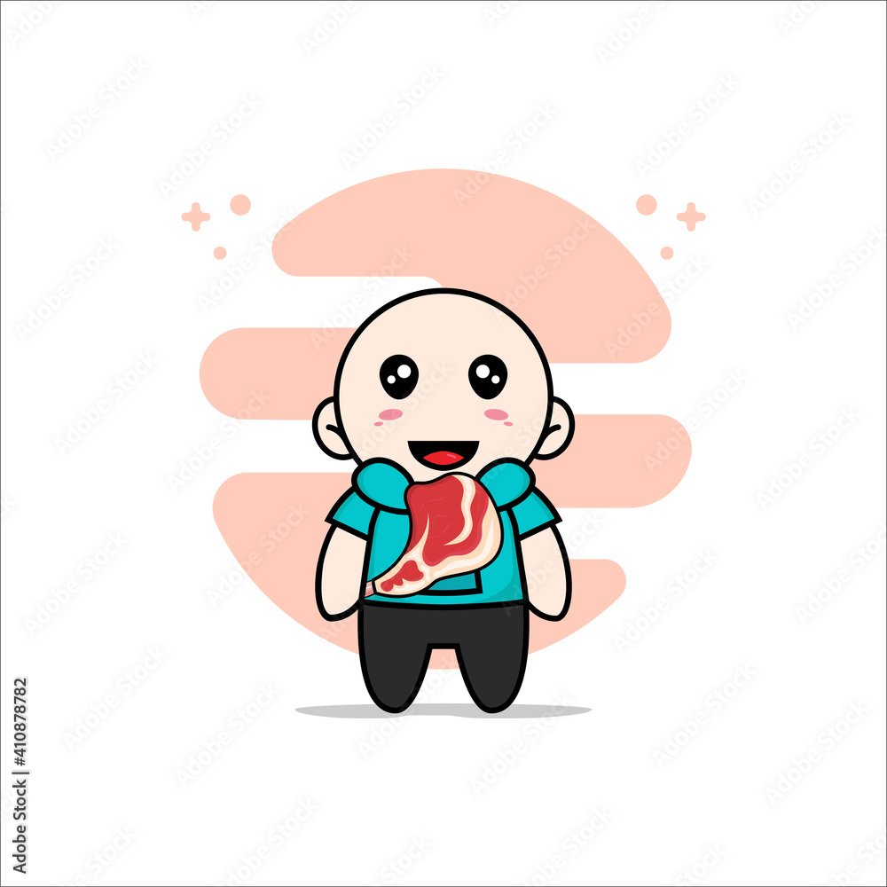 Cute kids character holding a meat. Cute kids character holding a meat.