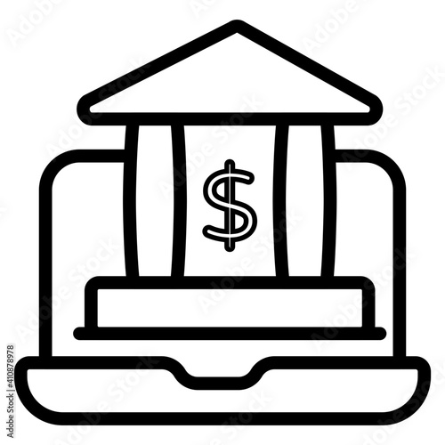 Bank building inside laptop, online banking icon