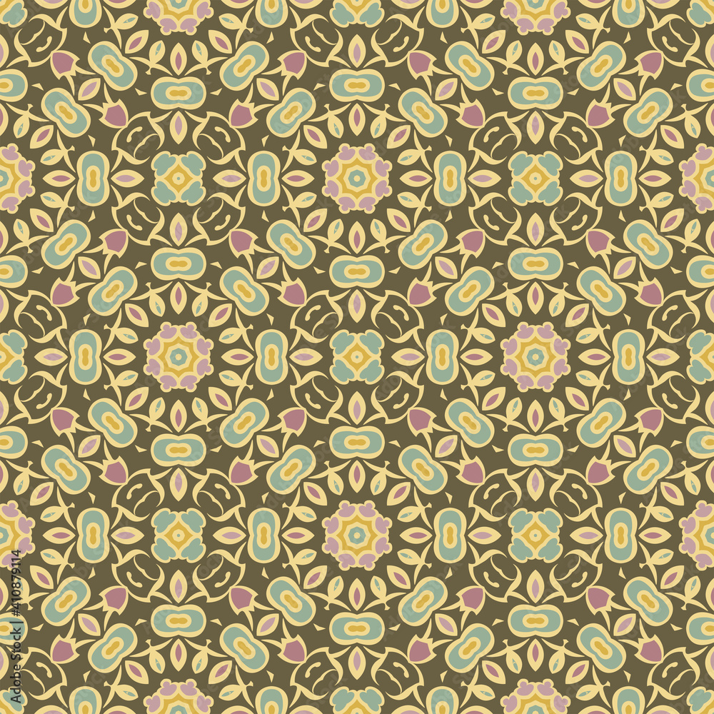 Creative color abstract geometric seamless mandala pattern in gold brown green, can be used for printing onto fabric, interior, design, textile, carpet, pillow. Home decor, interior design.