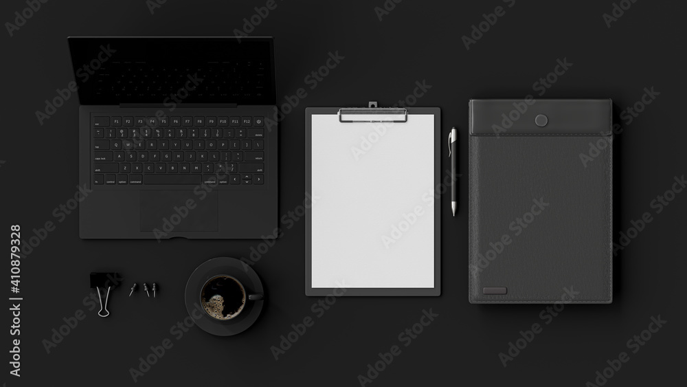 Black office desk Flat lay top view with computer laptop ,clipboard ,cup coffee ,notebook and supplies. 3D Render. Black office desk Flat lay top view with computer laptop ,clipboard ,cup coffee ,notebook and supplies. 3D Render.