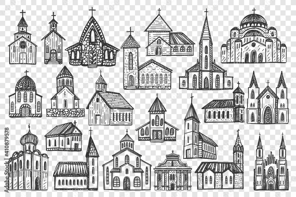 Buildings doodle set. Collection of chalk pencil hand drawn of european culture architecture and national temples castles on transparent background. Europe country traditional landmarks illustration.